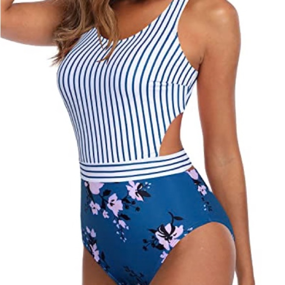 💦 TEMPT ME~NWT Striped blue & Floral One-Piece monokini Swimsuit Size S NEW